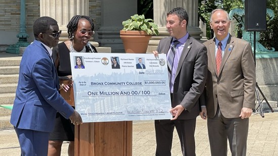 From left: Bronx Community College President Thomas A. Isekenegbe, Bronx Borough President Vanessa L. Gibson, City Council Member Eric Dinowitz, CUNY Chancellor Félix V. Matos Rodríguez